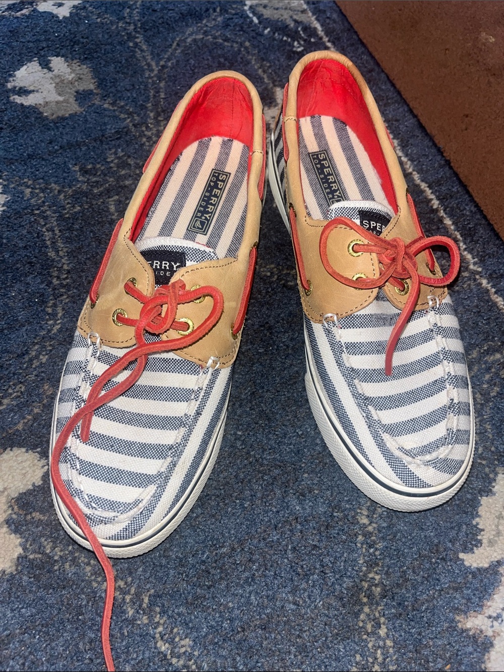 Sperry Blue & White Striped Canvas Boat Shoes with Coral Accents